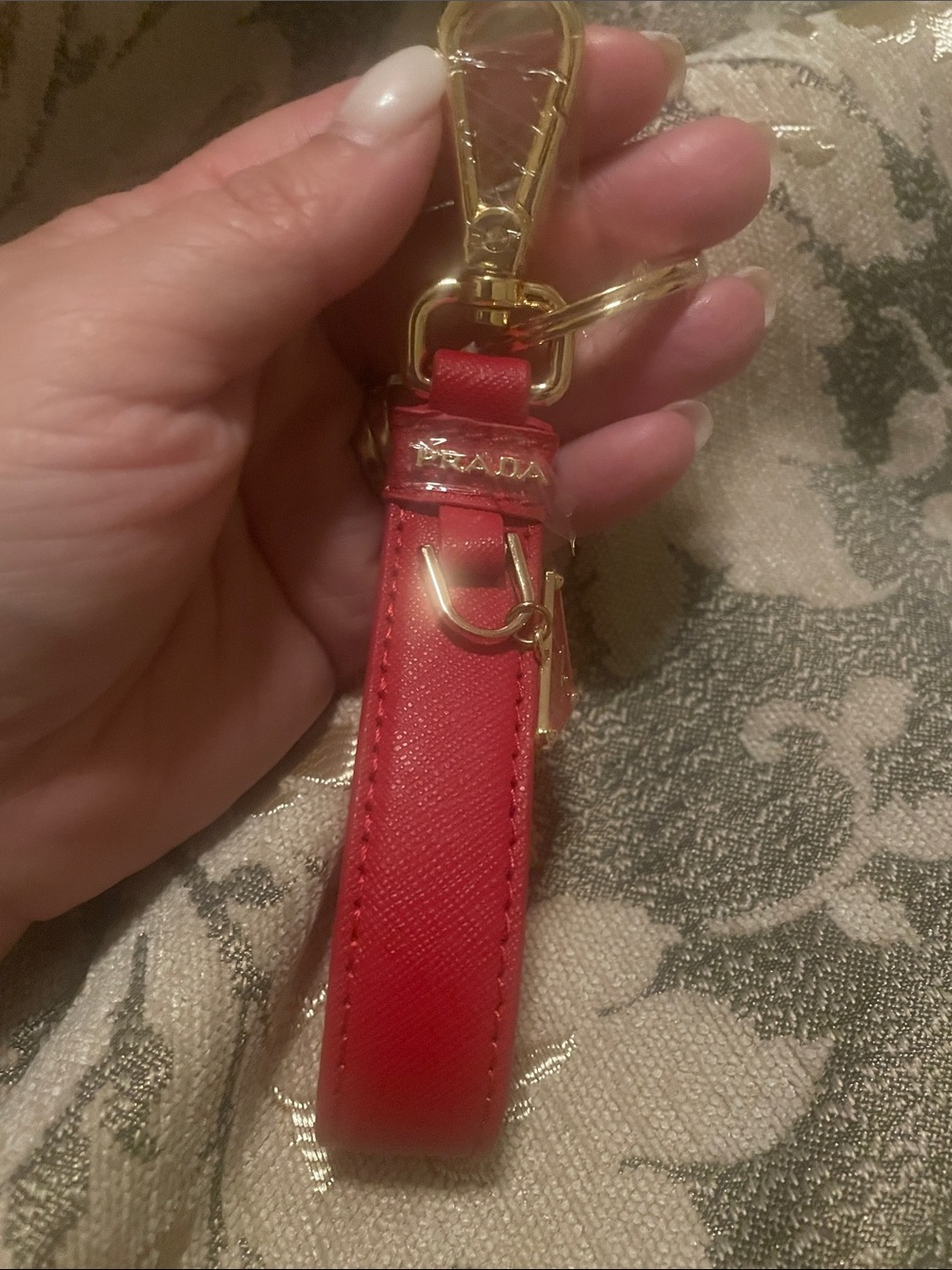 Fashion Prada Red Saffiano Leather Key Holder with Gold Hardware